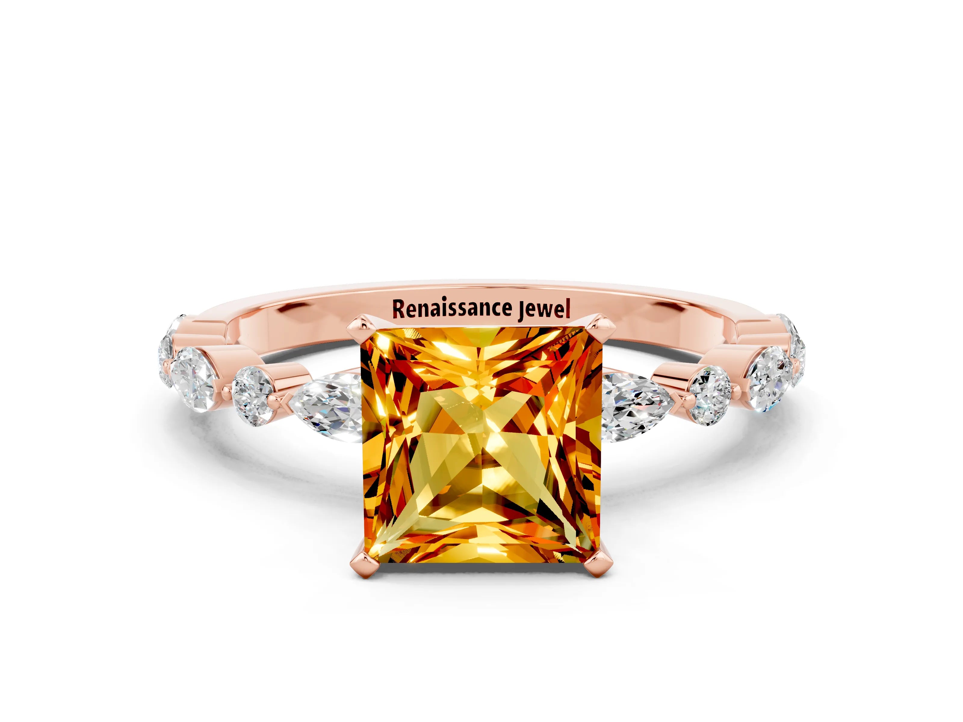 Rose gold Princess Cut Citrine Solitaire with Side Stones on a Pavé Band and Four-Prong Setting