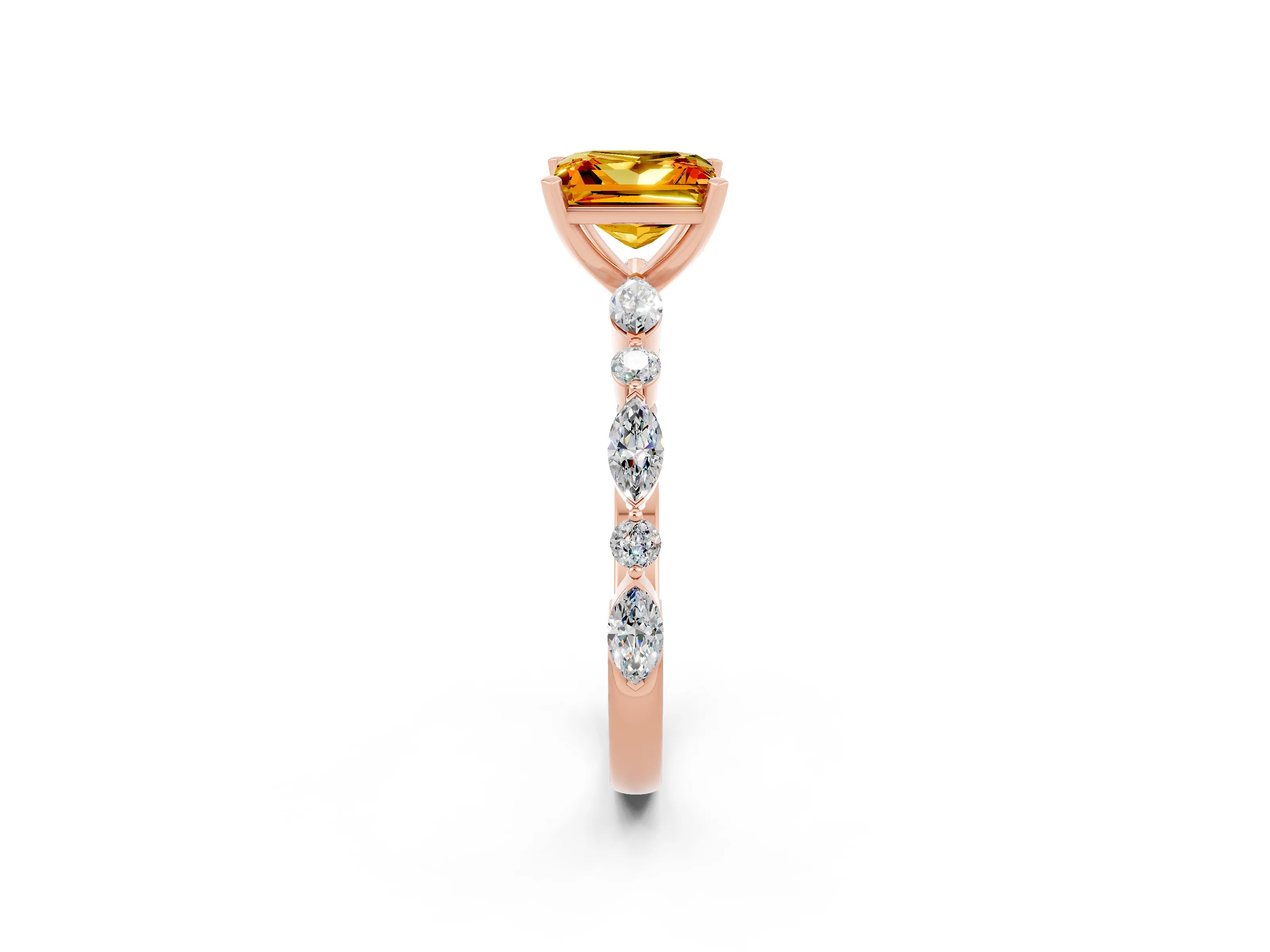 Rose gold Princess Cut Citrine Solitaire with Side Stones on a Pavé Band and Four-Prong Setting_2