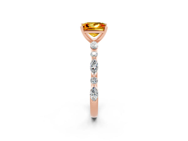 Rose gold Princess Cut Citrine Ring with Marquise and Round  Side Stones and Four-Prong Setting