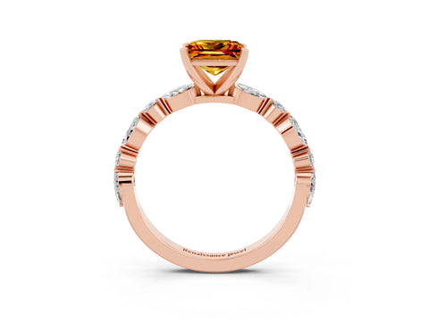 Rose gold Princess Cut Citrine Solitaire with Side Stones on a Pavé Band and Four-Prong Setting_3