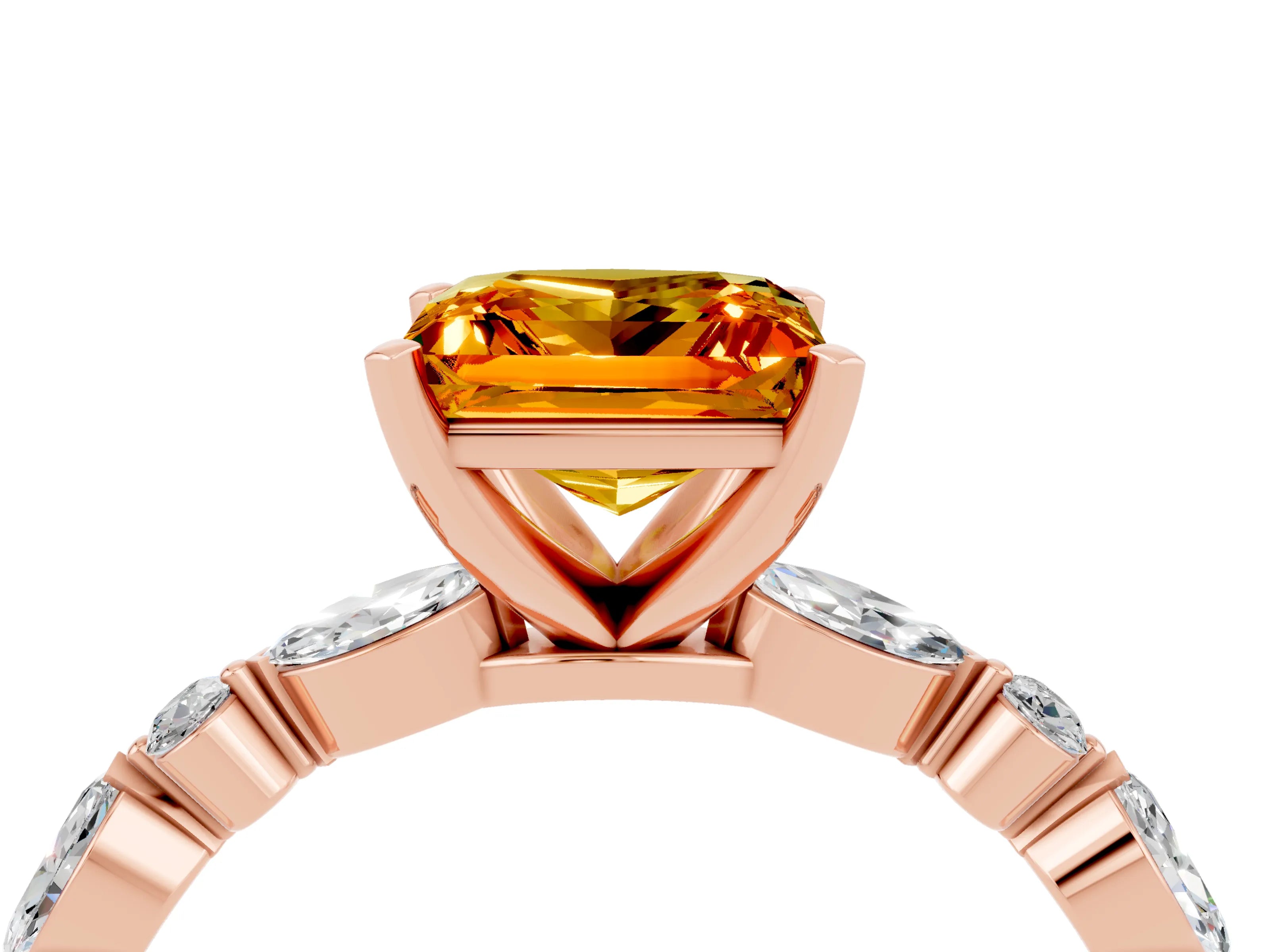 Rose gold Princess Cut Citrine Solitaire with Side Stones on a Pavé Band and Four-Prong Setting_4