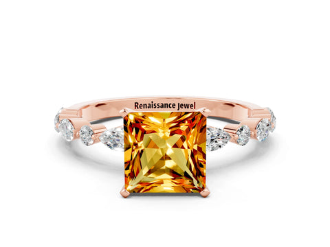 Rose gold Princess Cut Citrine Solitaire with Side Stones on a Pavé Band and Four-Prong Setting