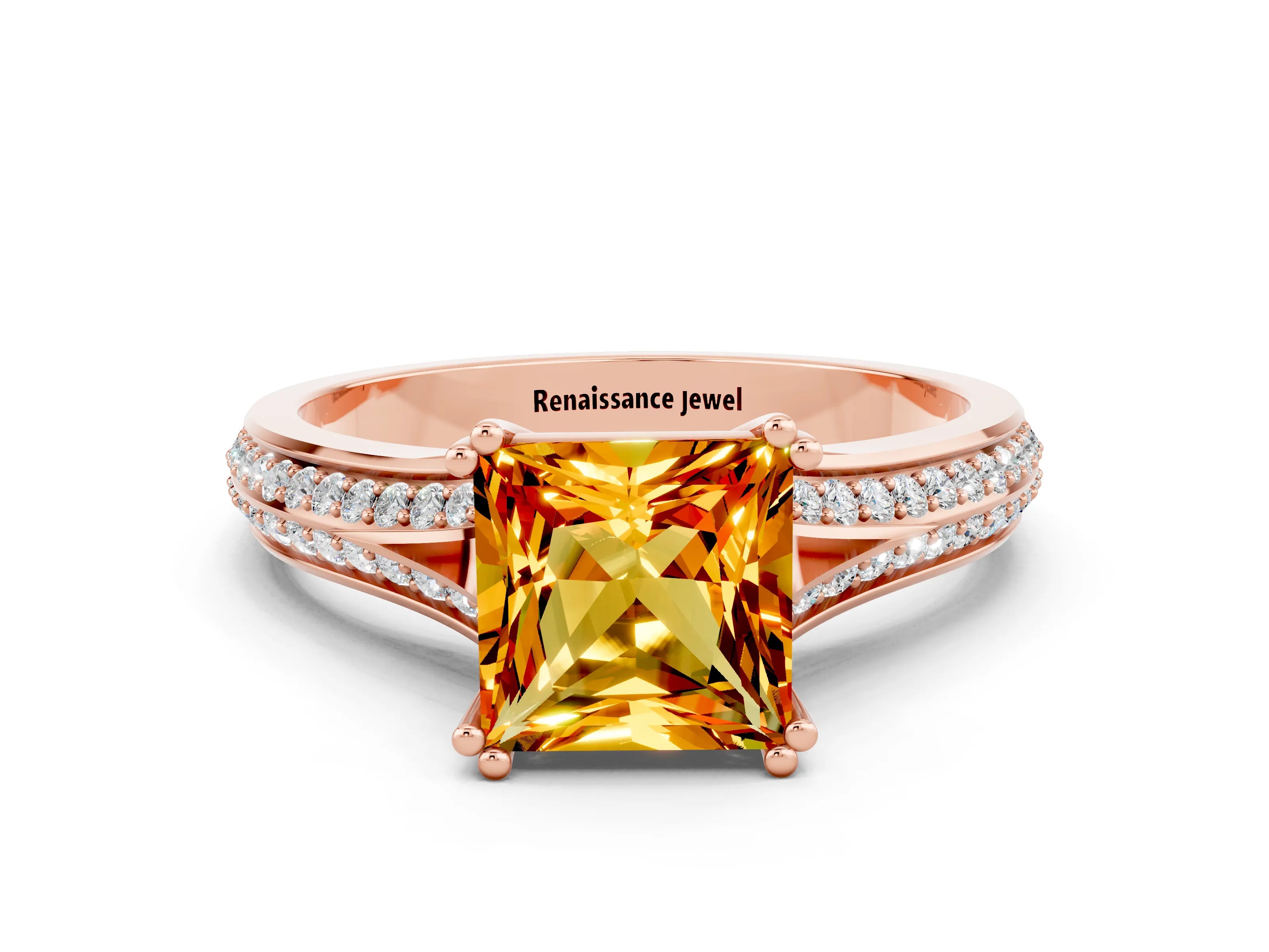 Rose gold Princess Cut Citrine Split Shank Engagement Ring with Pavé Band