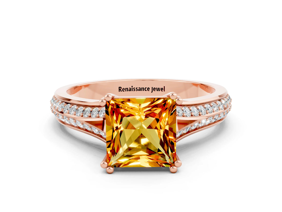 Rose gold Princess Cut Citrine Split Shank Engagement Ring with Pavé Band