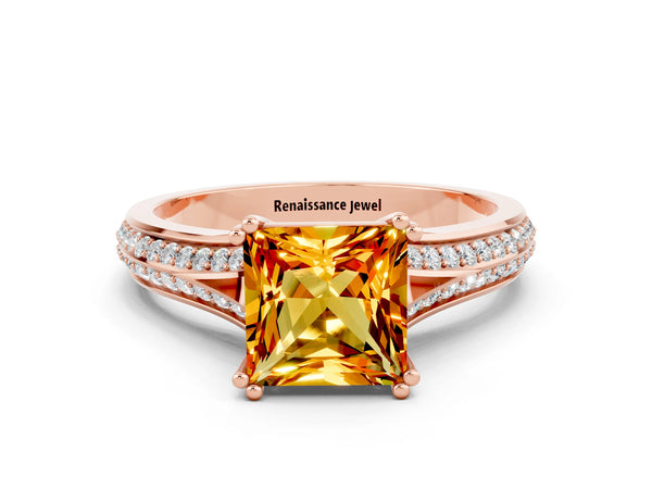 Rose gold Princess Cut Citrine Split Shank Engagement Ring with Pavé Band