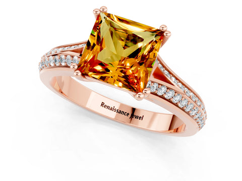 Rose gold Princess Cut Citrine Split Shank Engagement Ring with Pavé Band_1