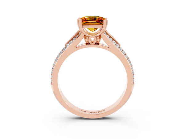Rose gold Princess Cut Citrine Split Shank Engagement Ring with Pavé Band