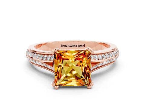 Rose gold Princess Cut Citrine Split Shank Engagement Ring with Pavé Band
