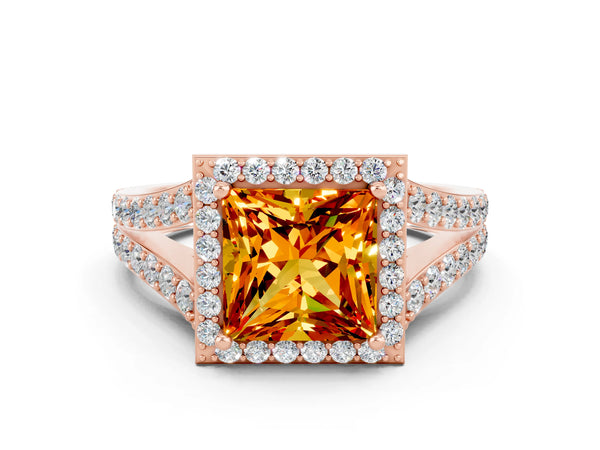 Rose gold Princess Cut Citrine Split Shank Halo Ring with Four-Prong Setting