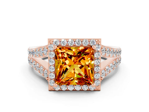 Rose gold Princess Cut Citrine Split Shank Halo Ring with Four-Prong Setting_12