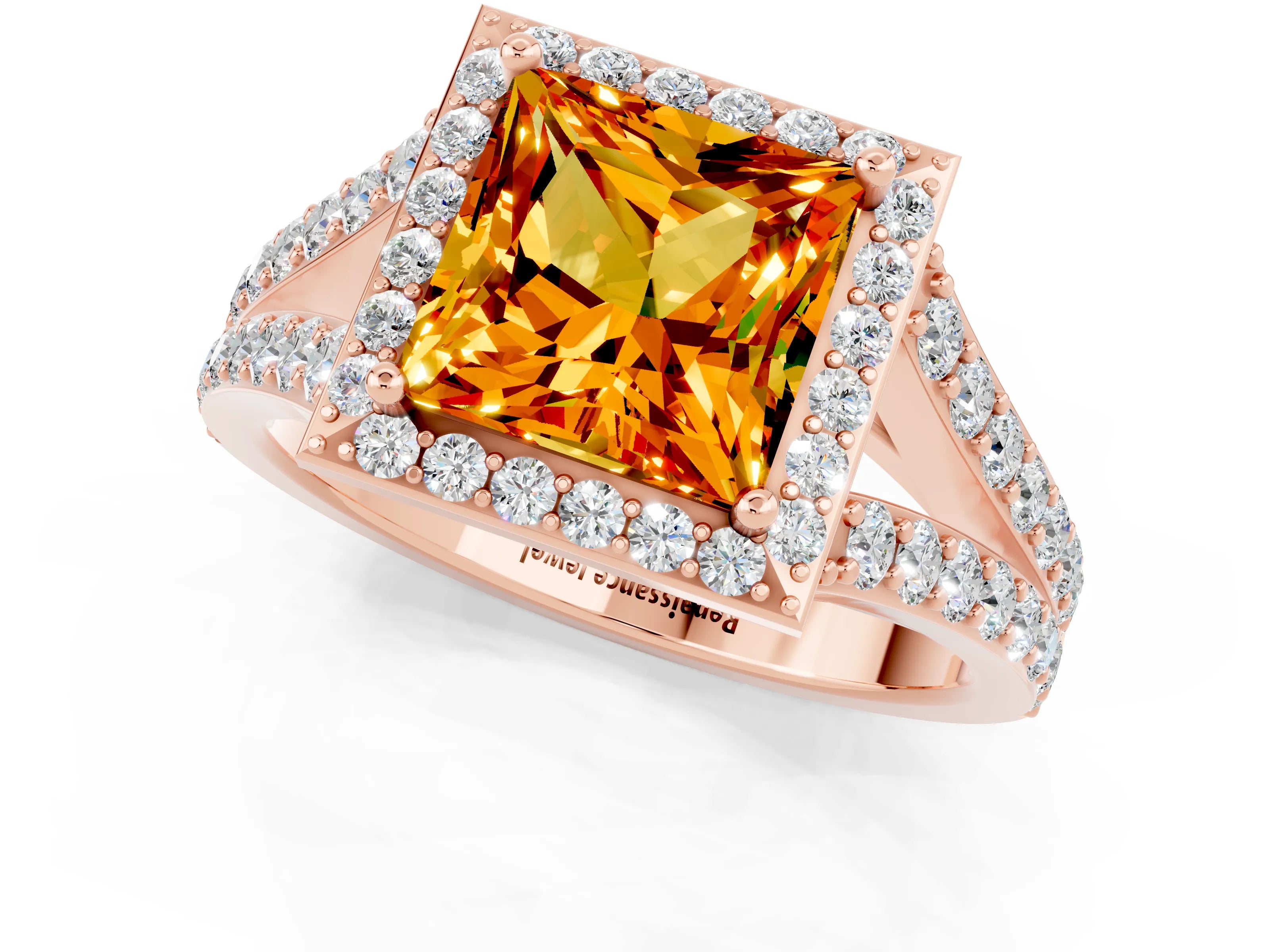 Rose gold Princess Cut Citrine Split Shank Halo Ring with Four-Prong Setting_13