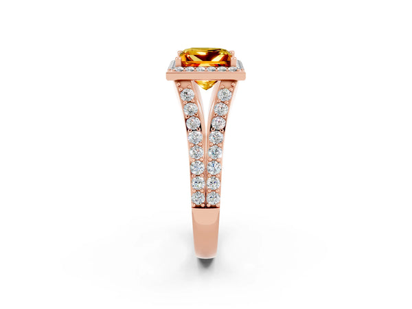 Rose gold Princess Cut Citrine Split Shank Halo Ring with Four-Prong Setting