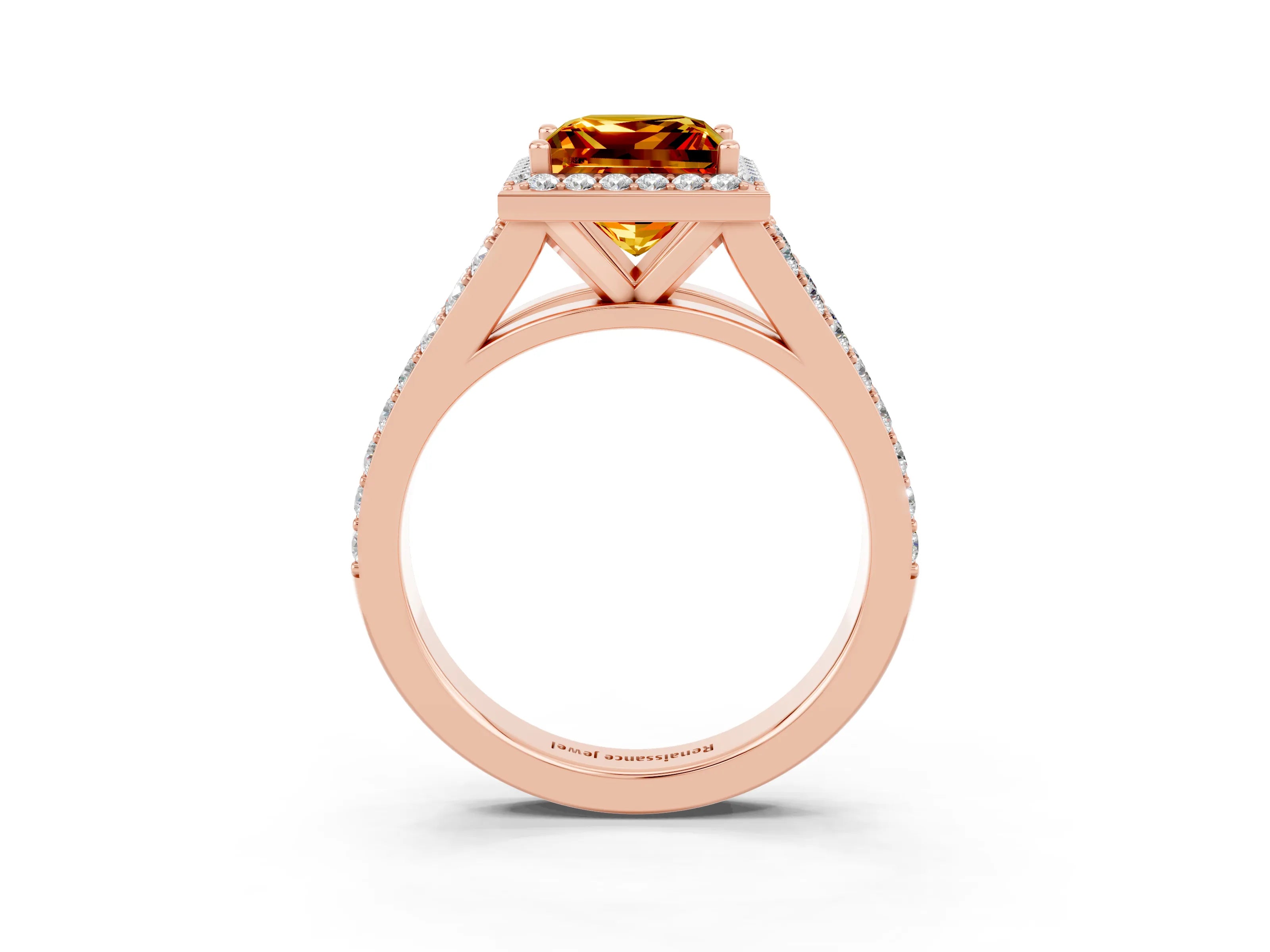 Rose gold Princess Cut Citrine Split Shank Halo Ring with Four-Prong Setting_15