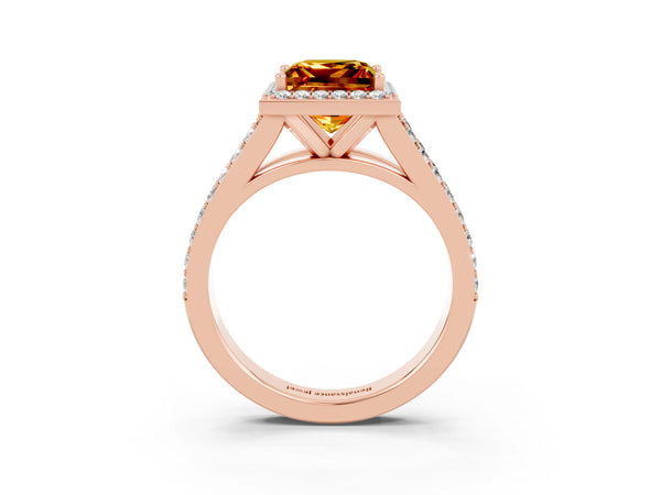 Rose gold Princess Cut Citrine Split Shank Halo Ring with Four-Prong Setting