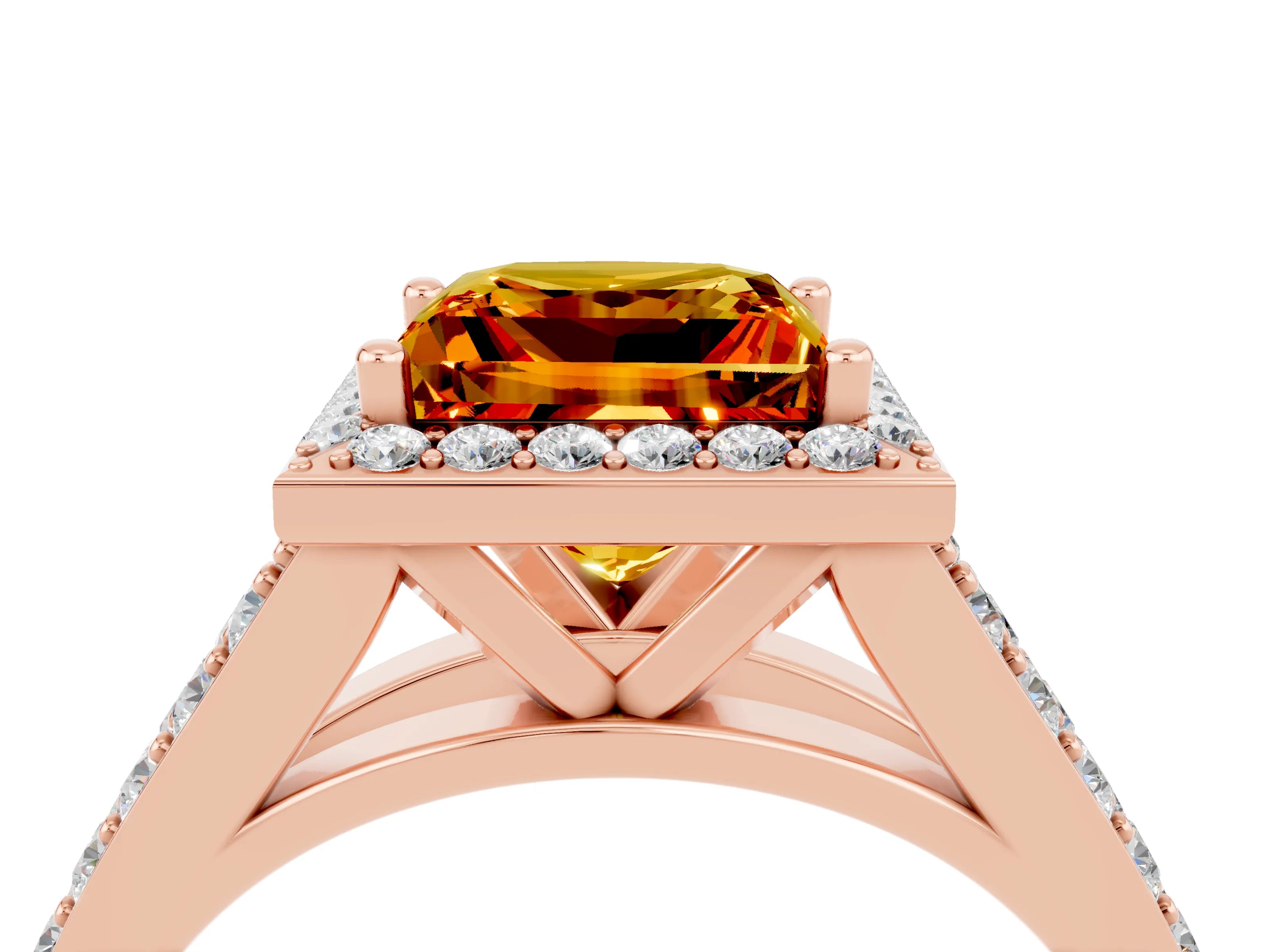 Rose gold Princess Cut Citrine Split Shank Halo Ring with Four-Prong Setting_16