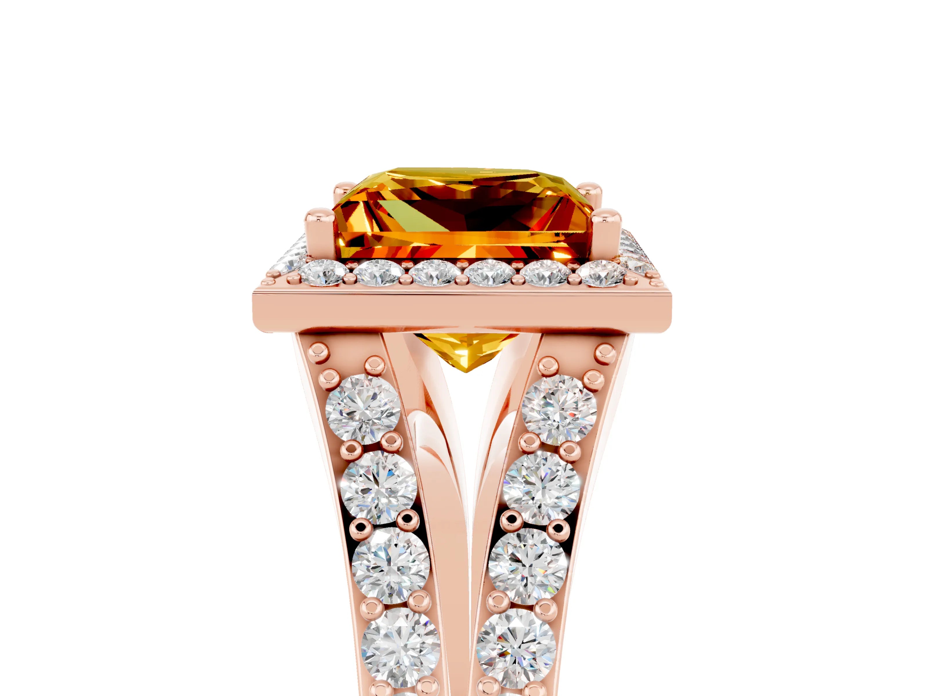 Rose gold Princess Cut Citrine Split Shank Halo Ring with Four-Prong Setting_17