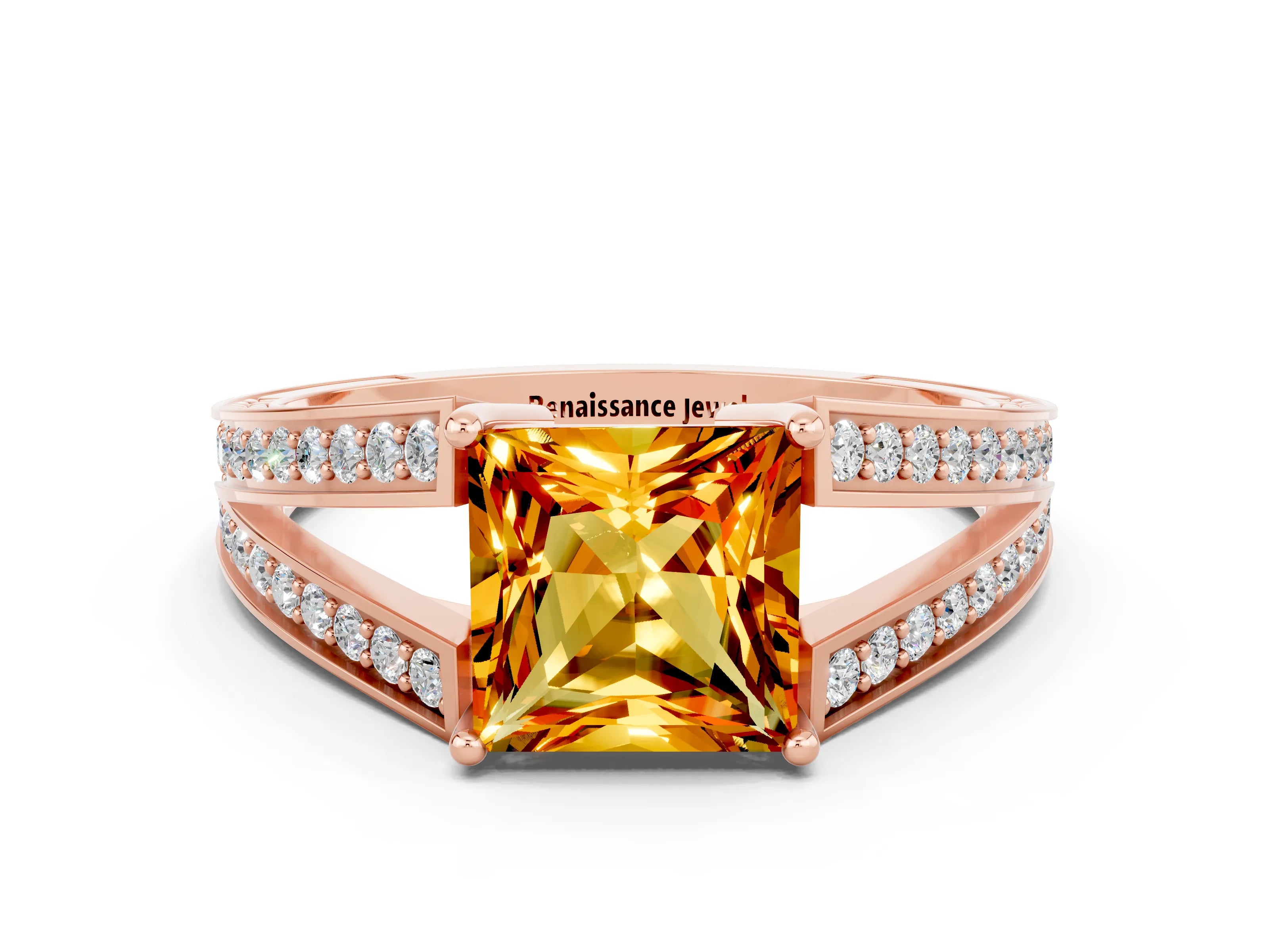 Rose gold Princess Cut Citrine Split Shank Ring with Pavé Band and Four-Prong Setting