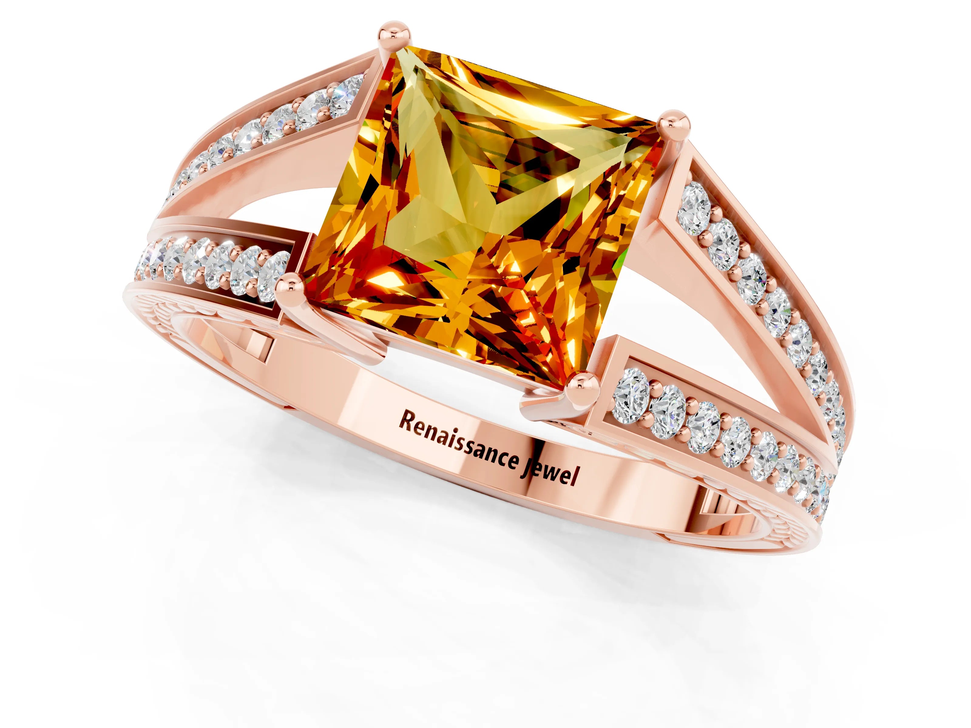 Rose gold Princess Cut Citrine Split Shank Ring with Pavé Band and Four-Prong Setting_1