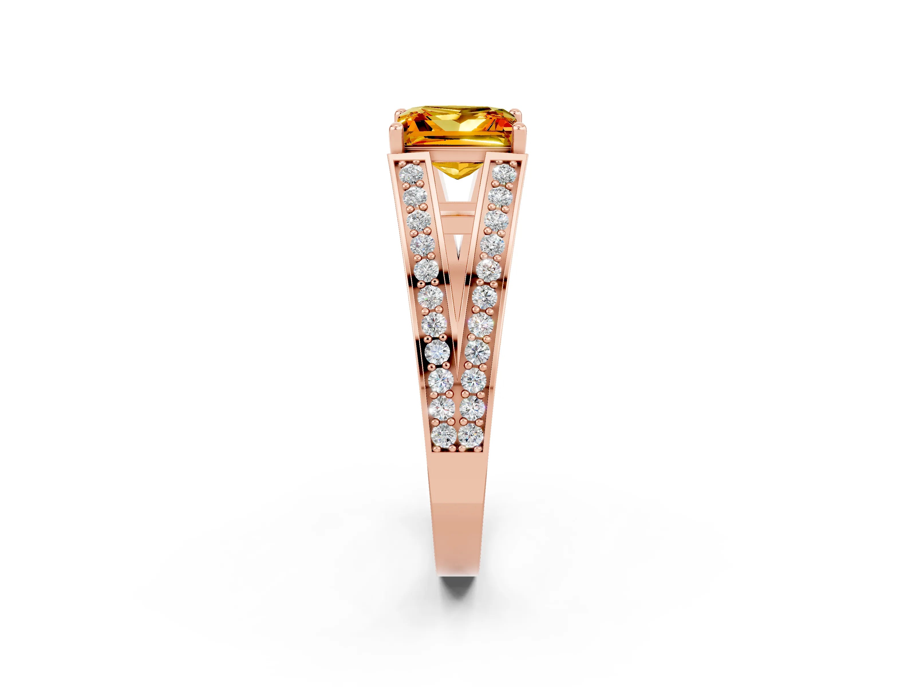 Rose gold Princess Cut Citrine Split Shank Ring with Pavé Band and Four-Prong Setting_2