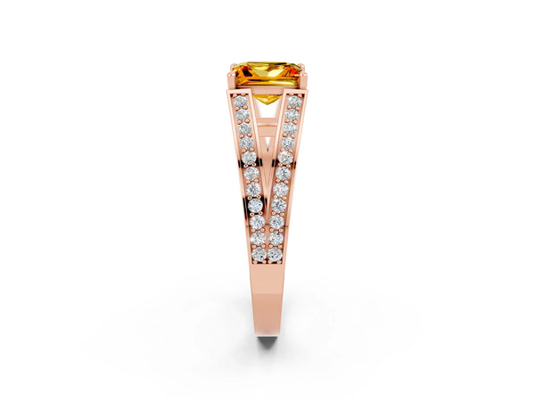 Rose gold Princess Cut Citrine Split Shank Ring with Pavé Band and Four-Prong Setting