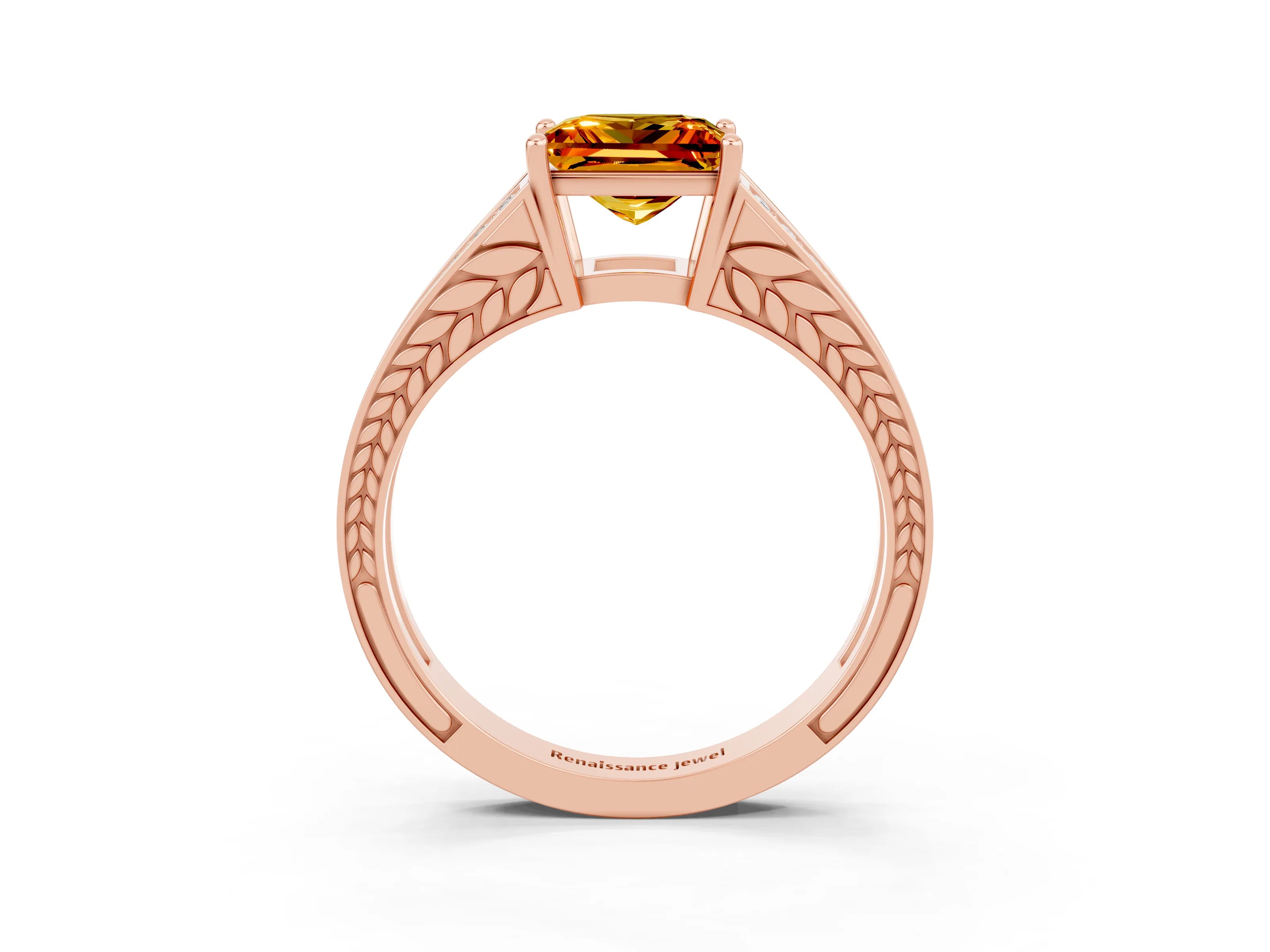 Rose gold Princess Cut Citrine Split Shank Ring with Pavé Band and Four-Prong Setting_3