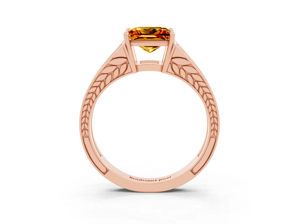 Rose gold Princess Cut Citrine Split Shank Ring with Pavé Band and Four-Prong Setting