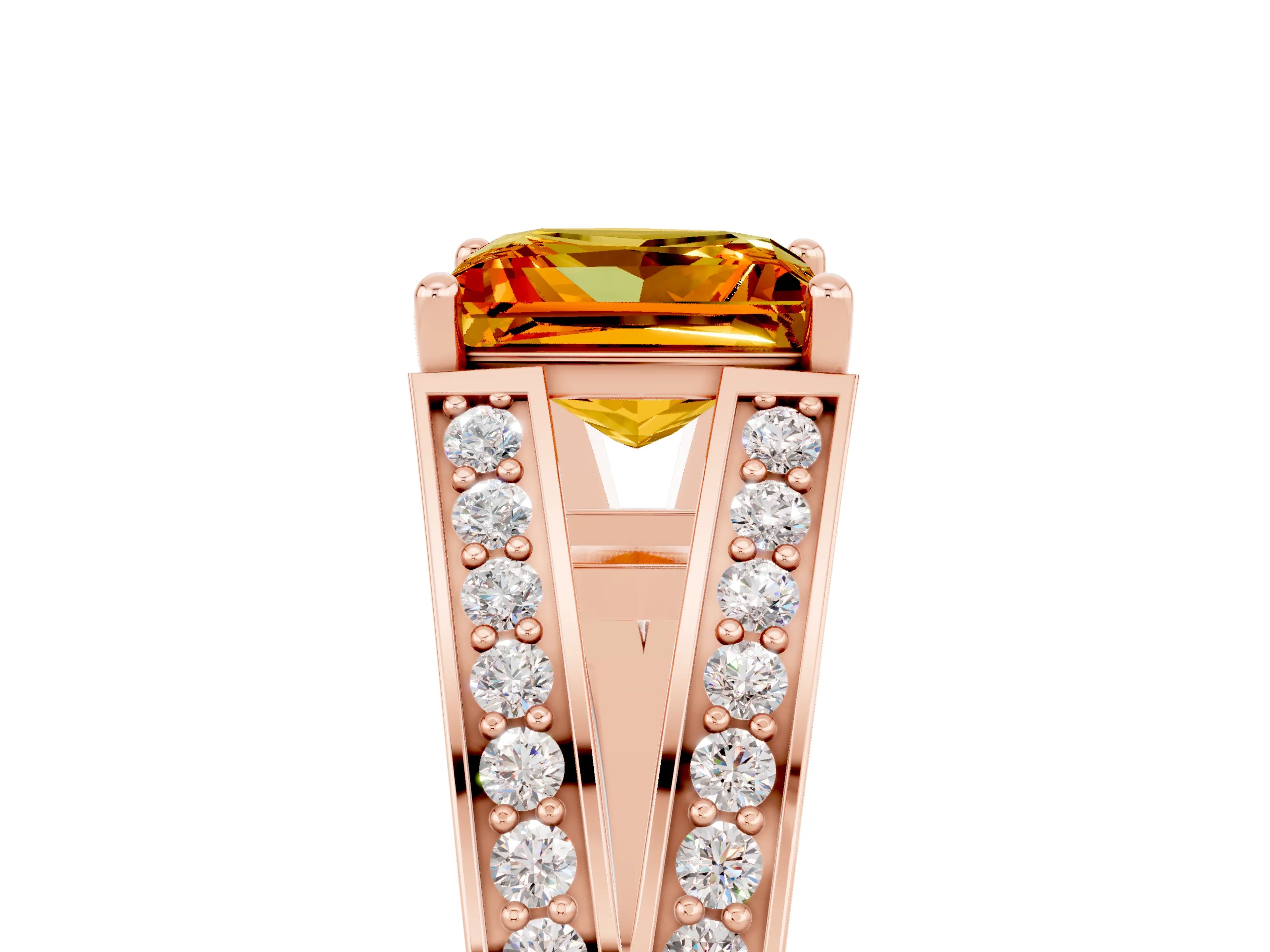Rose gold Princess Cut Citrine Split Shank Ring with Pavé Band and Four-Prong Setting_5