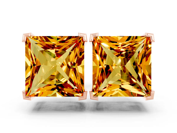 Rose gold Princess Cut Citrine Stud Earrings