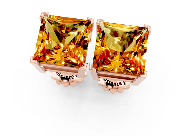 Rose gold Princess Cut Citrine Stud Earrings