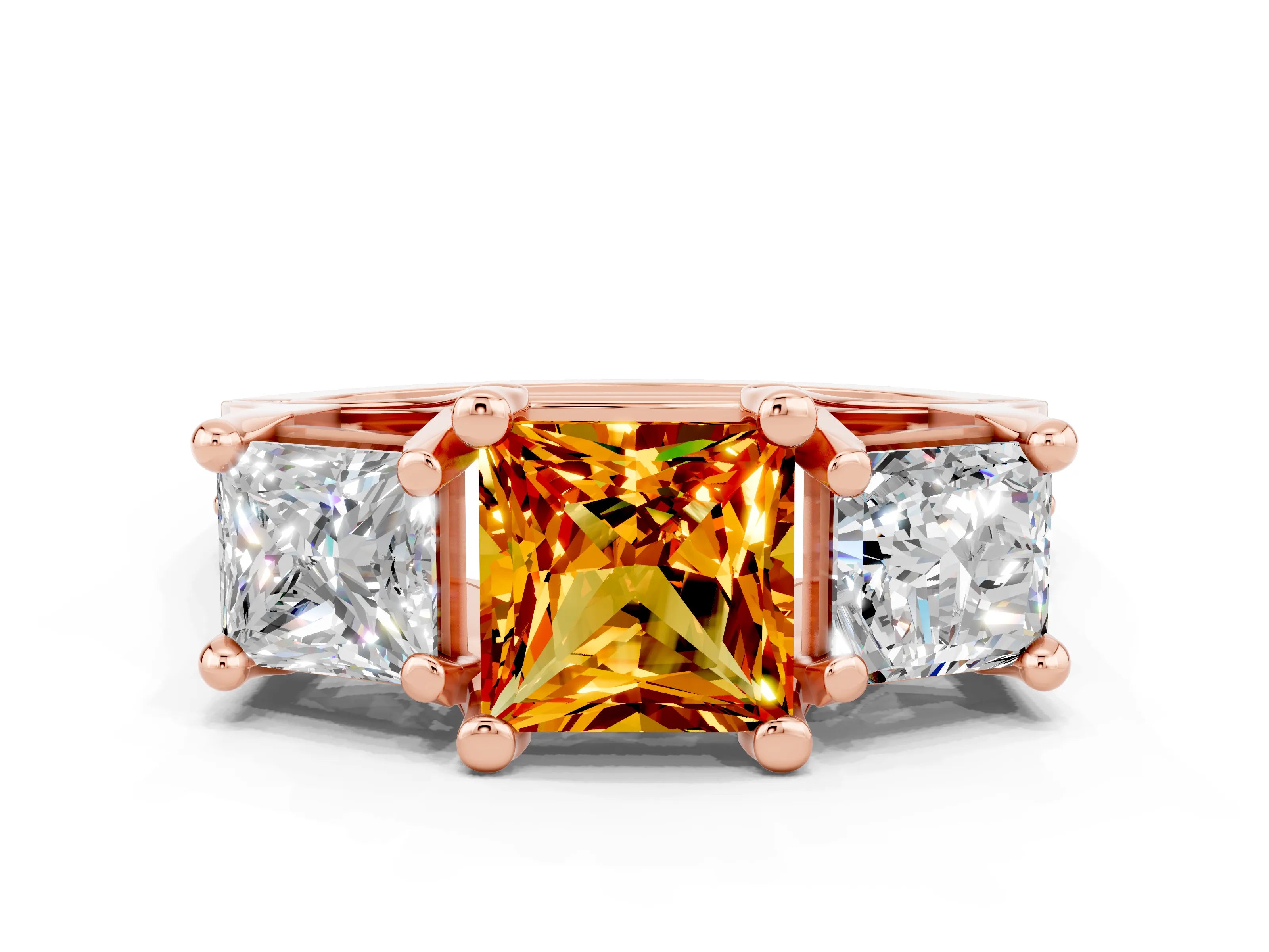 Rose gold Princess Cut Citrine Three-Stone Ring with Channel Set Band and Four-Prong Setting