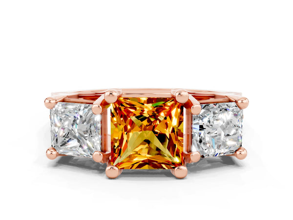Rose gold Princess Cut Citrine Three-Stone Ring with Channel Set Band and Four-Prong Setting