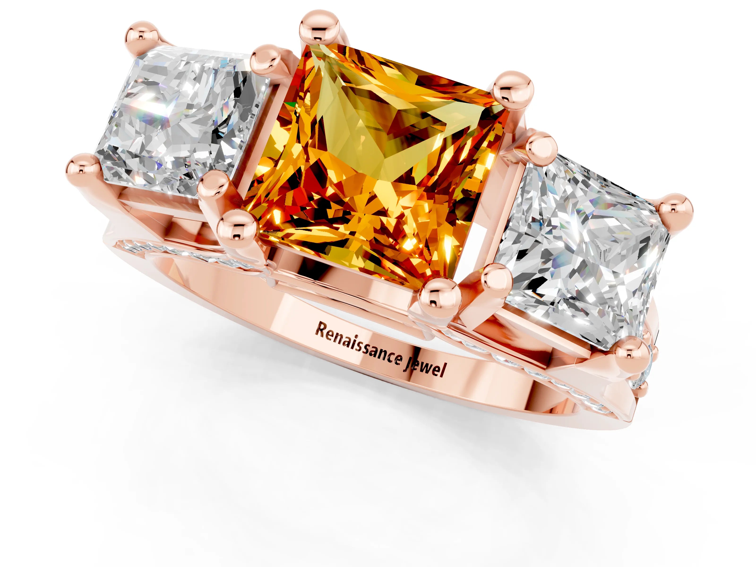 Rose gold Princess Cut Citrine Three-Stone Ring with Channel Set Band and Four-Prong Setting_1