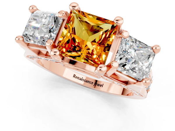 Rose gold Princess Cut Citrine Three-Stone Ring with Channel Set Band and Four-Prong Setting