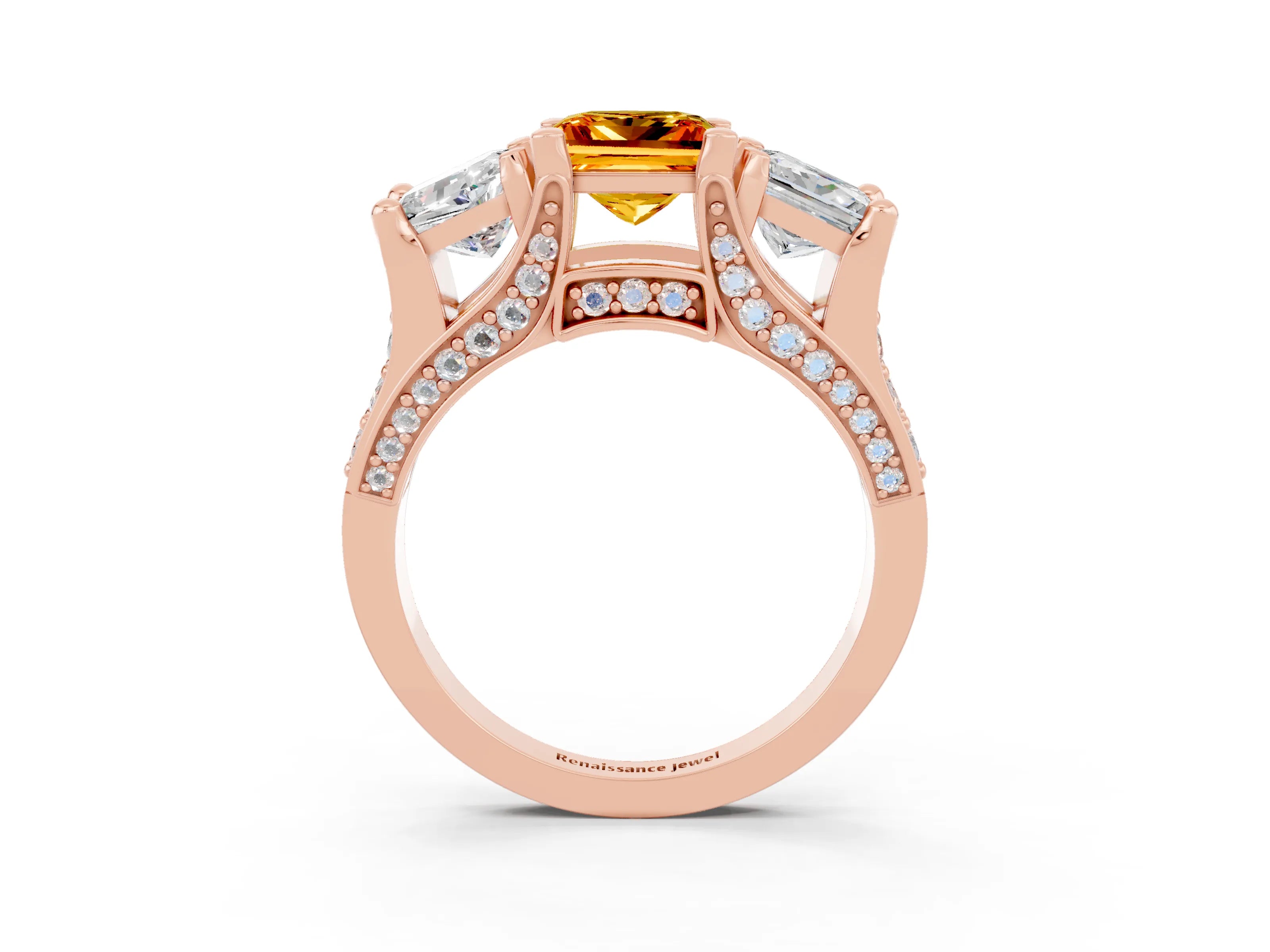 Rose gold Princess Cut Citrine Three-Stone Ring with Channel Set Band and Four-Prong Setting_3