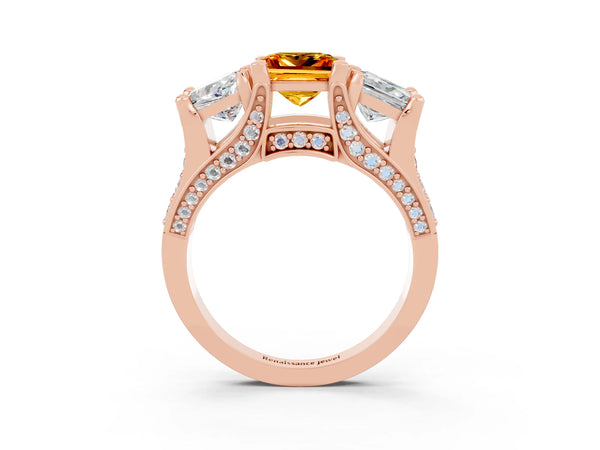 Rose gold Princess Cut Citrine Three-Stone Ring with Channel Set Band and Four-Prong Setting