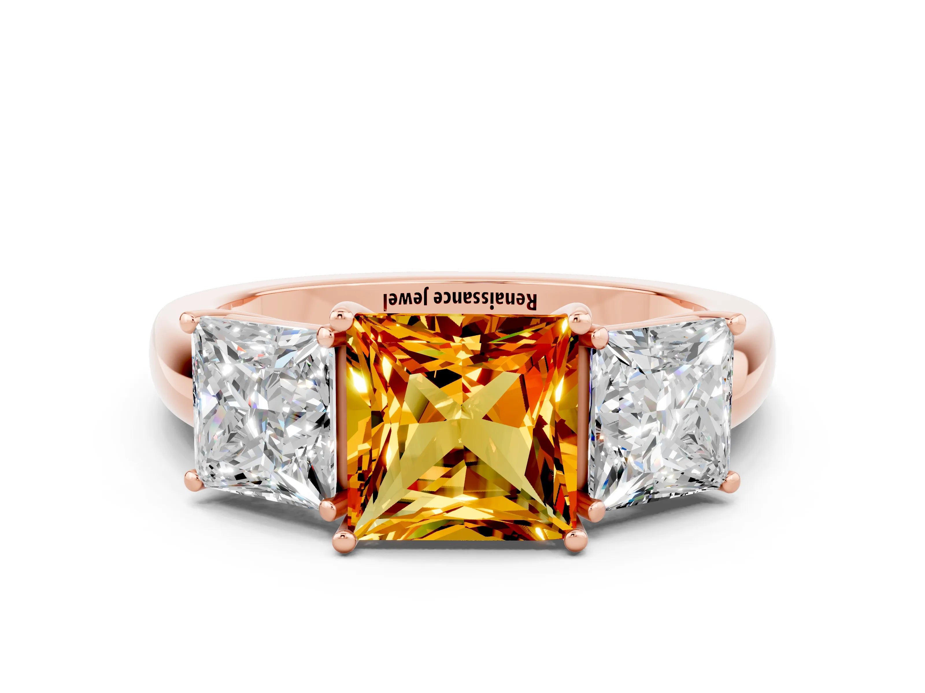 Rose gold Princess Cut Citrine Three-Stone Ring with Four-Prong Setting and Classic Band