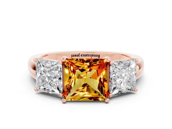 Rose gold Princess Cut Citrine Three-Stone Ring with Four-Prong Setting and Classic Band