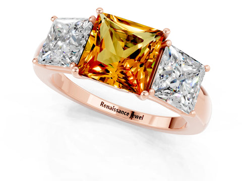Rose gold Princess Cut Citrine Three-Stone Ring with Four-Prong Setting and Classic Band_1