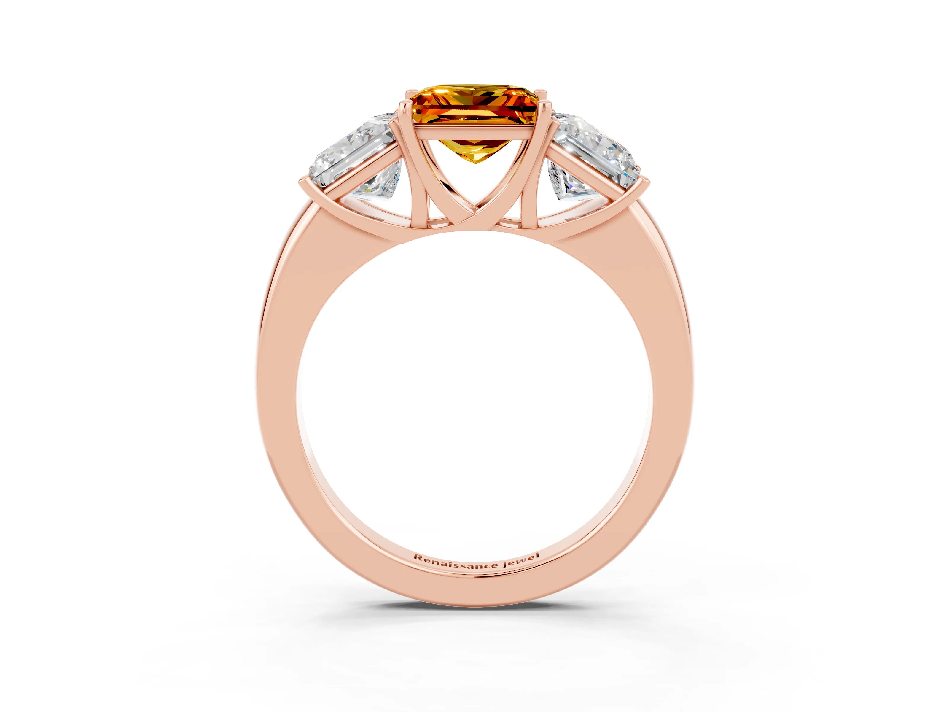 Rose gold Princess Cut Citrine Three-Stone Ring with Four-Prong Setting and Classic Band_3