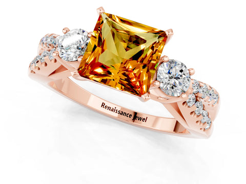 Rose gold Princess Cut Citrine Three-Stone Ring with Pavé Split Shank and Four-Prong Setting_1