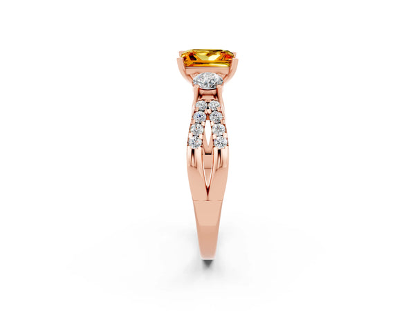 Rose gold Princess Cut Citrine Three-Stone Ring with Pavé Split Shank and Four-Prong Setting