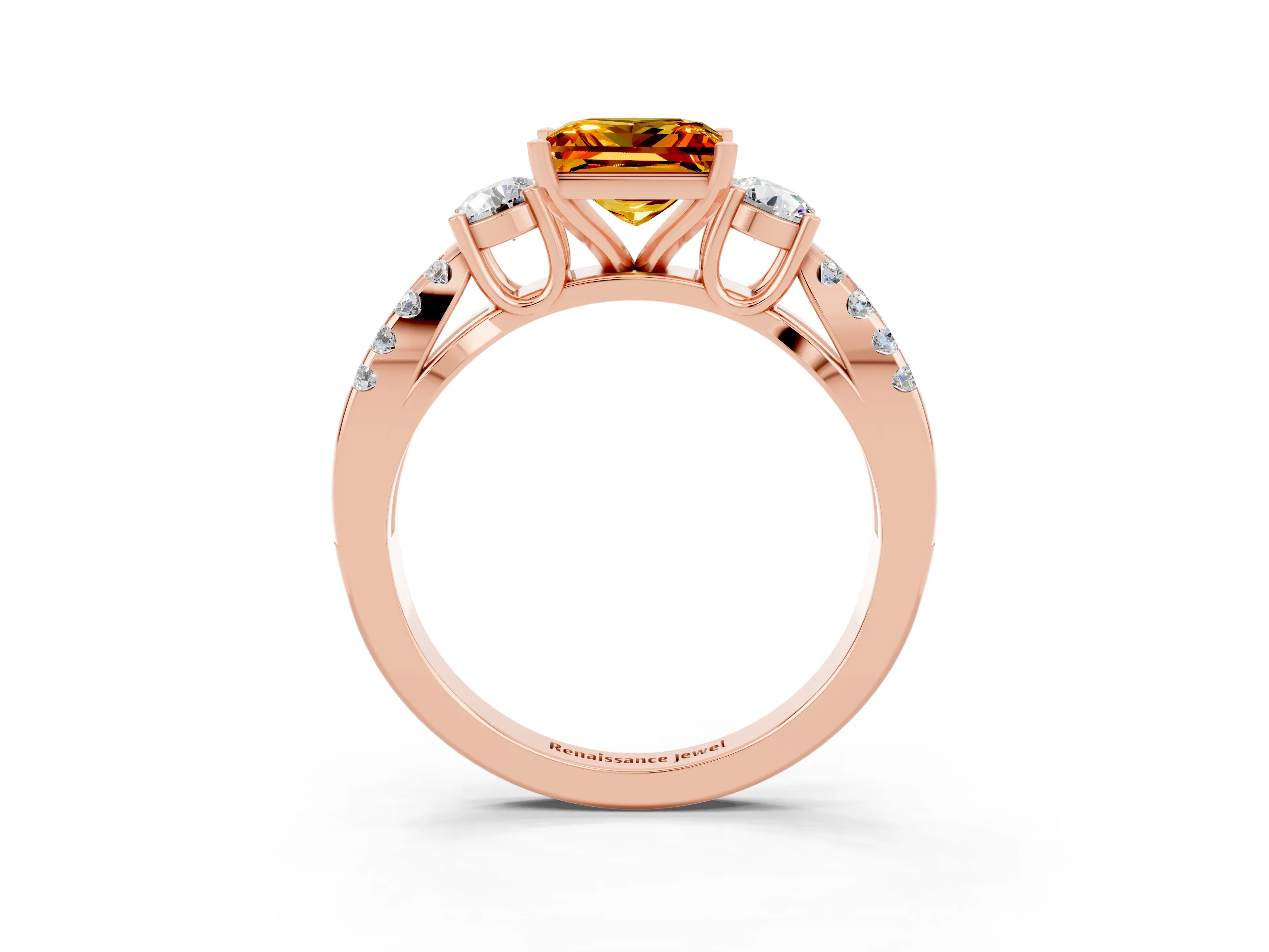 Rose gold Princess Cut Citrine Three-Stone Ring with Pavé Split Shank and Four-Prong Setting_3
