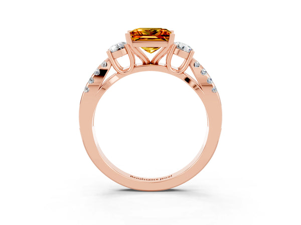 Rose gold Princess Cut Citrine Three-Stone Ring with Pavé Split Shank and Four-Prong Setting