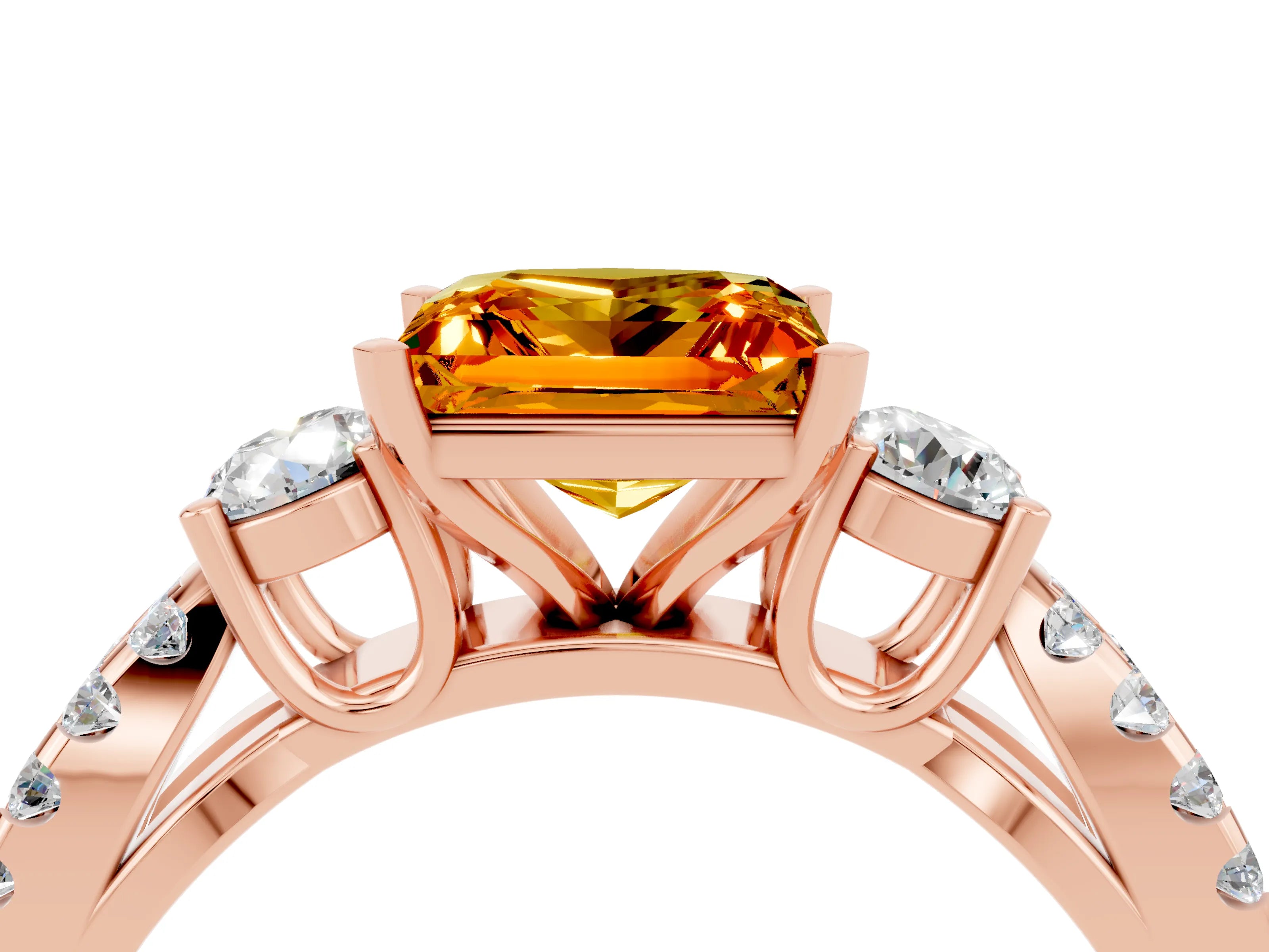 Rose gold Princess Cut Citrine Three-Stone Ring with Pavé Split Shank and Four-Prong Setting_4