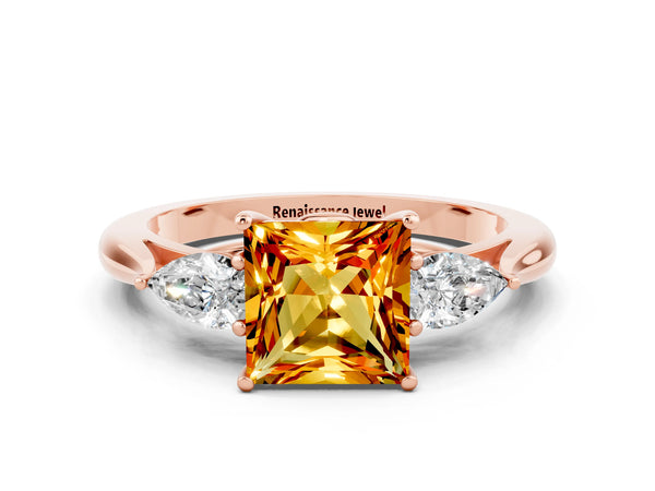 Rose gold Princess Cut Citrine Three-Stone Ring with Pear  Side Stones and Prong Setting