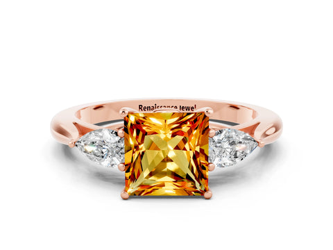 Rose gold Princess Cut Citrine Three-Stone Ring with Pear Side Stones and Four-Prong Setting_12