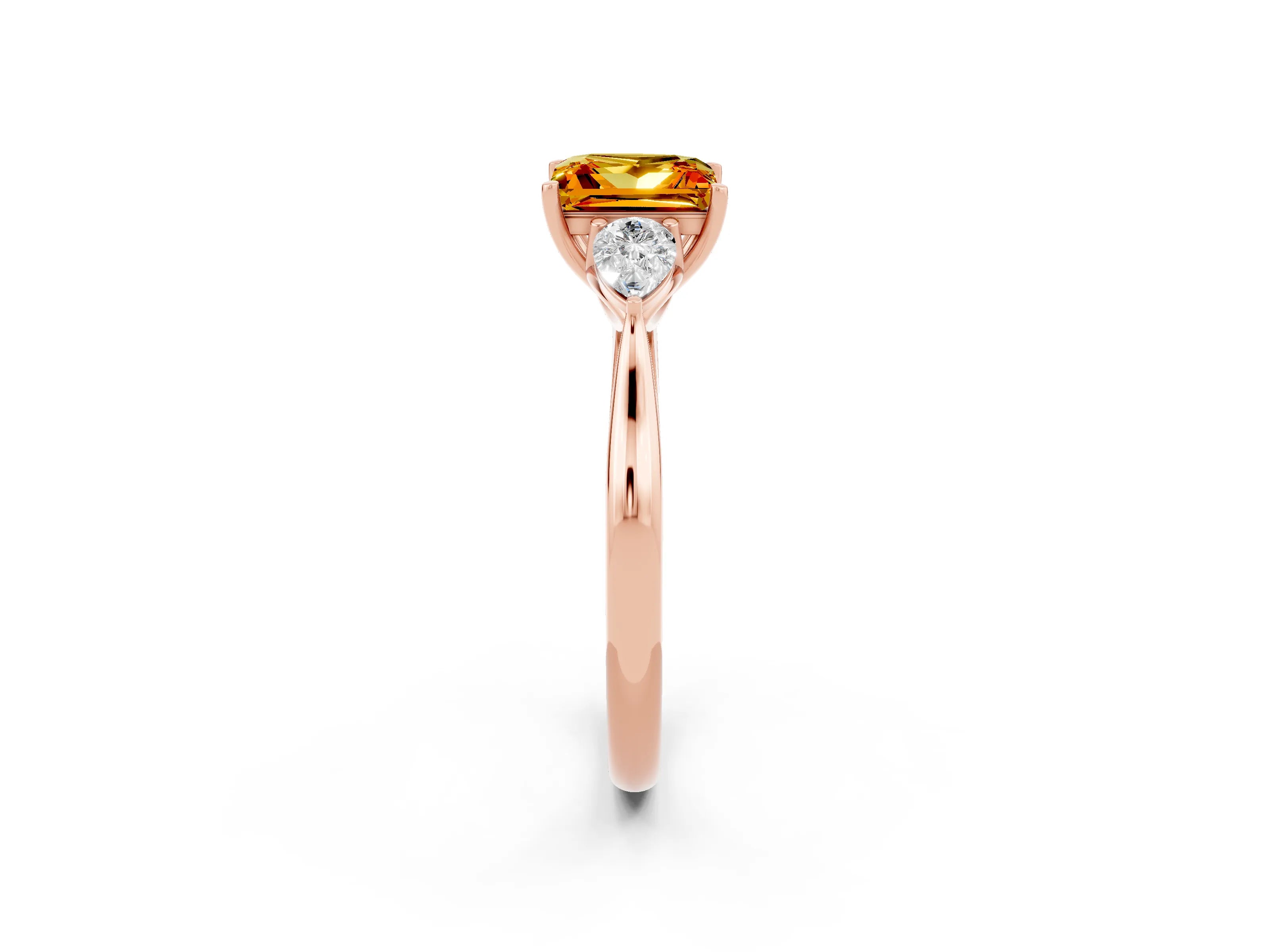 Rose gold Princess Cut Citrine Three-Stone Ring with Pear Side Stones and Four-Prong Setting_14