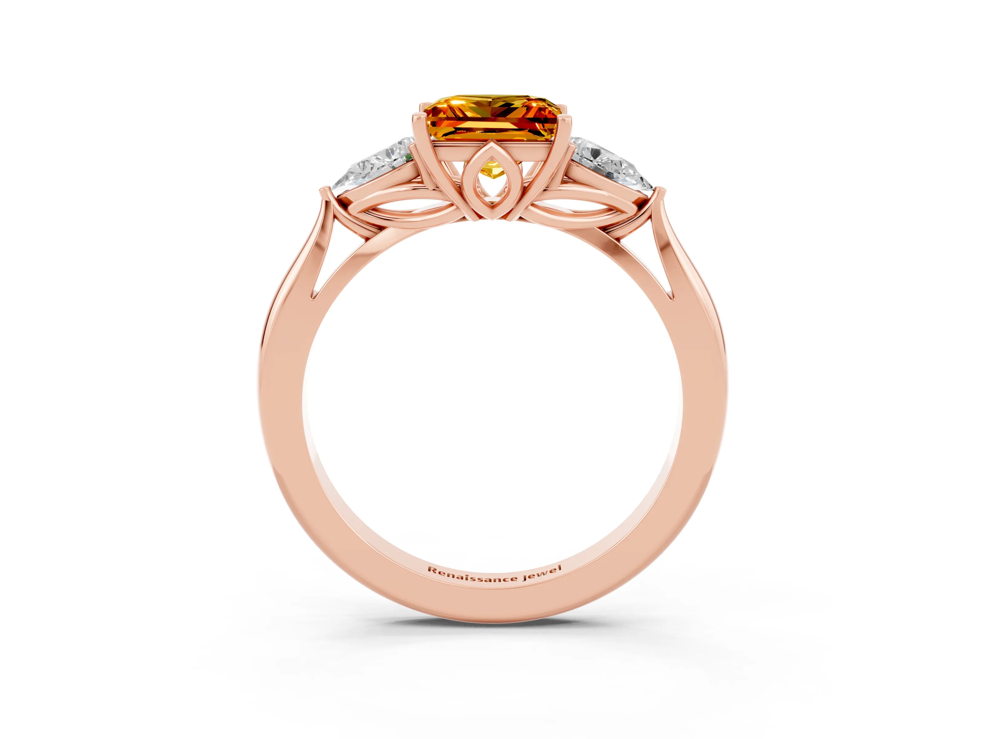 Rose gold Princess Cut Citrine Three-Stone Ring with Pear Side Stones and Four-Prong Setting_15