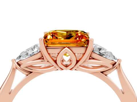 Rose gold Princess Cut Citrine Three-Stone Ring with Pear Side Stones and Four-Prong Setting_16