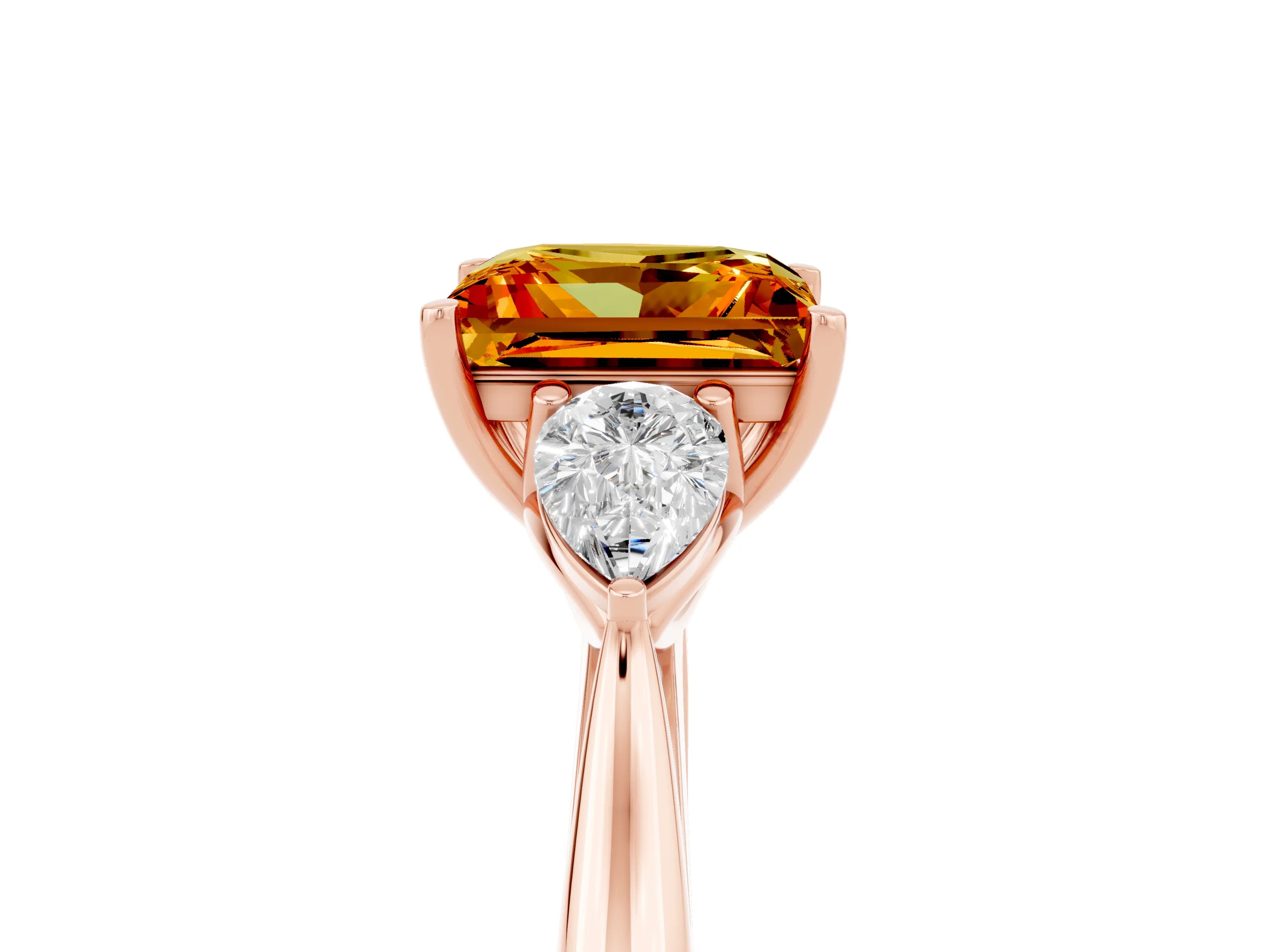 Rose gold Princess Cut Citrine Three-Stone Ring with Pear Side Stones and Four-Prong Setting_17